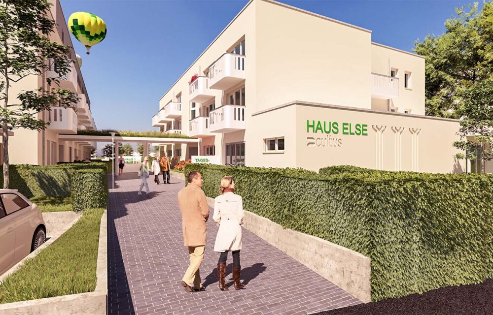CULTUS - Haupteingang Haus Else-rerender-web 3D Renderbild vom geplanten gebäude mit einem Fußweg zum Gebäudeeingang und verschiedenen Menschen die das Gebäude anschaune.