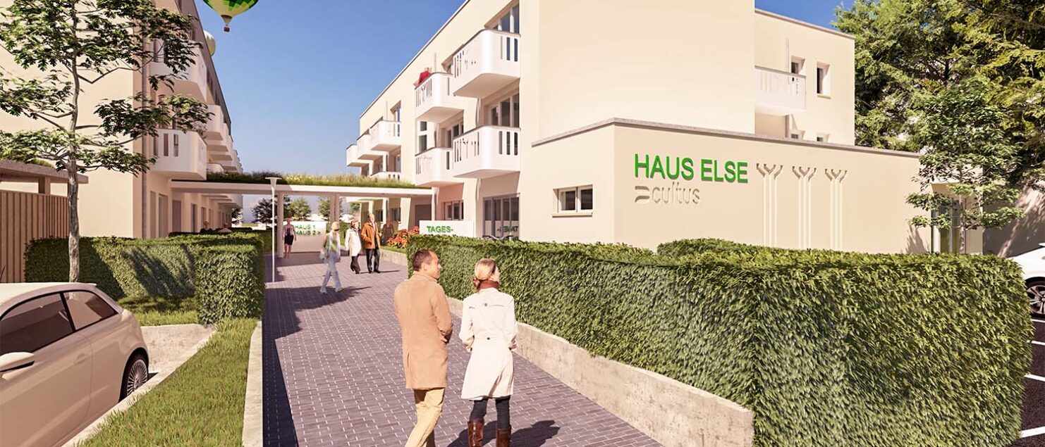 3D Renderbild vom geplanten gebäude mit einem Fußweg zum Gebäudeeingang und verschiedenen Menschen die das Gebäude anschaune.