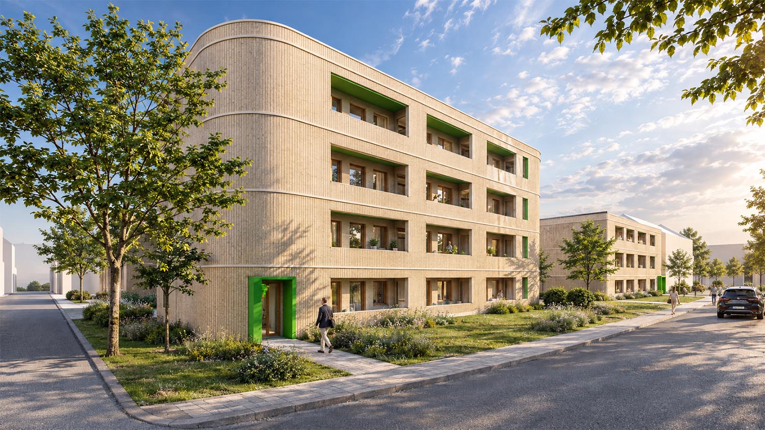 Abbildung des gebäudes mit 4 Stockwerken von Straßenecke.