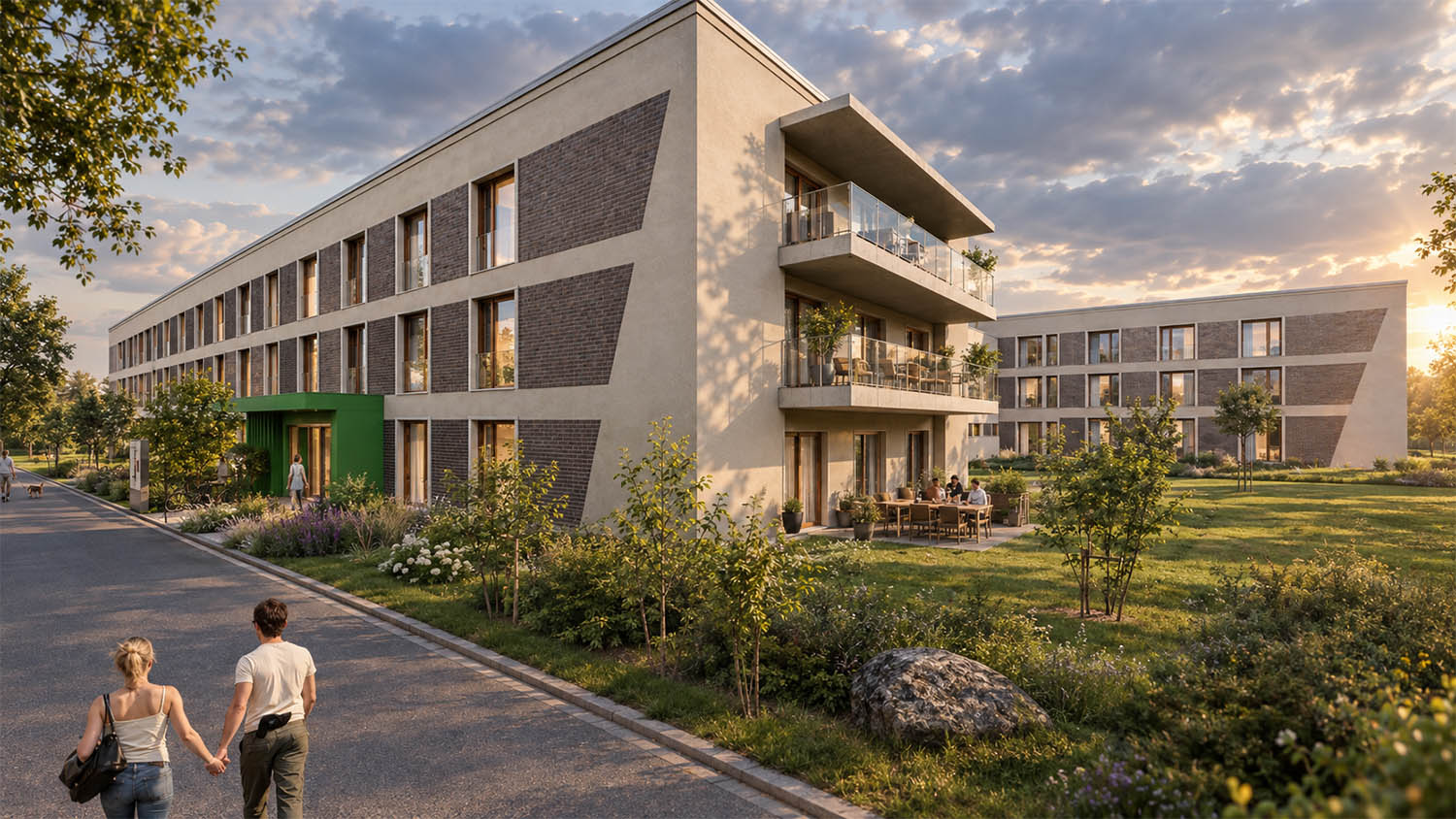 Gebäude mit zweitem gebäude in distanz. neubau. visualisierung. straße davor mit fußgängerparr