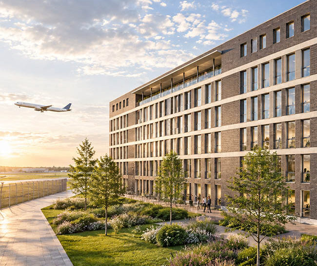 Gebäudeansicht der Fassade zum Flugfeld. Flugzeug am himmel.