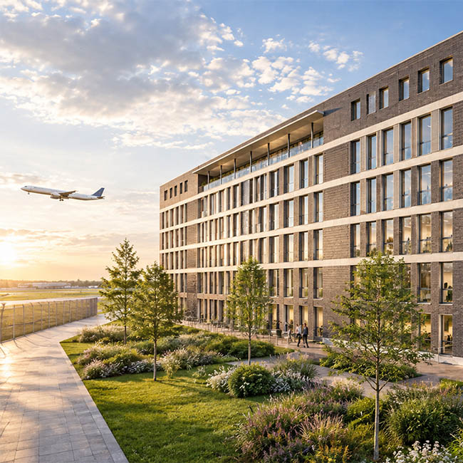Gebäudeansicht der Fassade zum Flugfeld. Flugzeug am himmel.