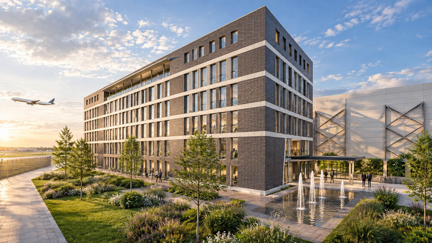 Gebäudeansicht des Business Centers mit eingangsbereich und Flugfeld im Hintergrund. Flugzeug am himmel.