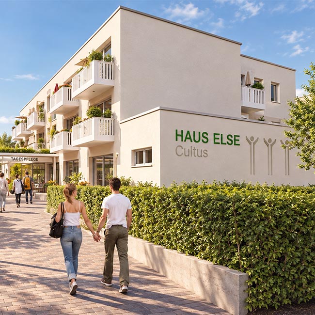 Ansicht eines Wohnhauses mit eingangsbereich und päärchen im Vordergrund. An der Fassade steht "Haus Else Cultus"