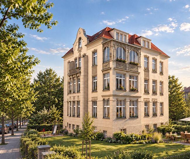 Ansicht der 4-stöckigen Villa von der grundstücksecke. Gartenfläche im Vordergrund.