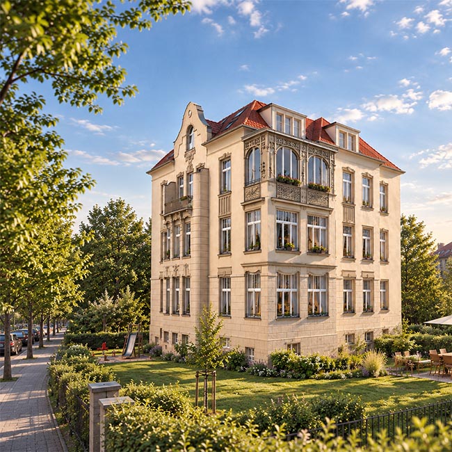 Ansicht der 4-stöckigen Villa von der grundstücksecke. Gartenfläche im Vordergrund.